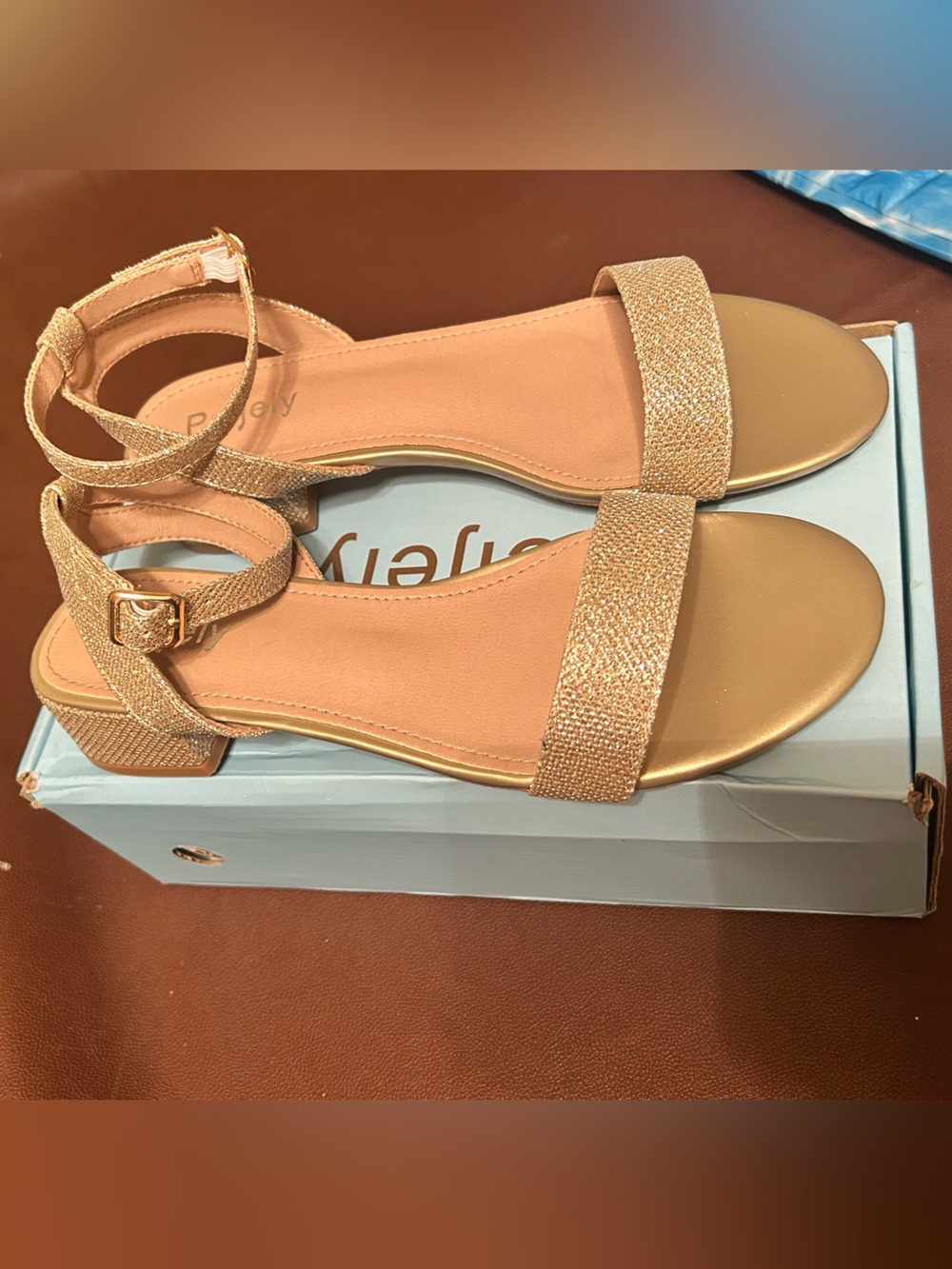 NIB Peijely Women's 7.5 Gold Open Toe Low Block Heel Ankle-Strap Sandals Formal